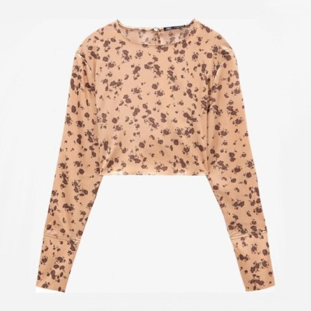 NWT Zara peach orange salmon pink satin-like floral print crop top, S